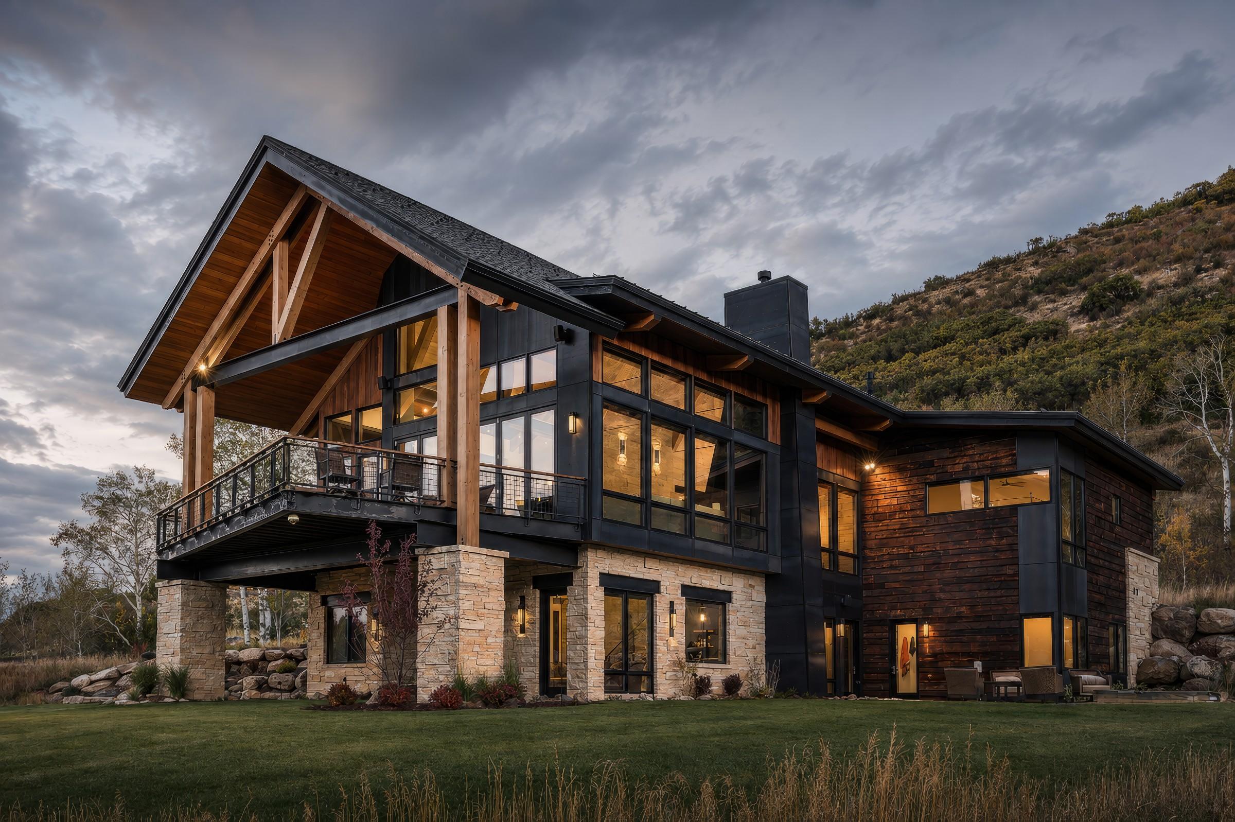 Mountain home exterior, aerial view at dusk in autumn